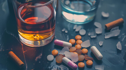 Addiction and Dependency Concept with Pharmaceuticals, Alcohol, and Smoking - obrazy, fototapety, plakaty
