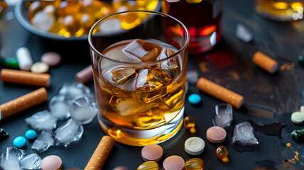 concept of addiction. Pills, alcohol, cigarettes - obrazy, fototapety, plakaty