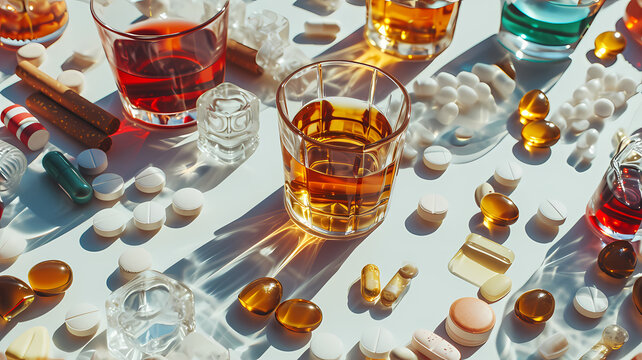 Addiction and Dependency Concept with Pharmaceuticals, Alcohol, and Smoking