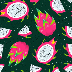 Pitahaya. Dragon fruit summer seamless pattern. Healthy food, vegans. Veganuary. Cactus. Tropical exotic fruits, leaves. Healthy food. For menu, cafe, wallpaper, fabric, wrapping