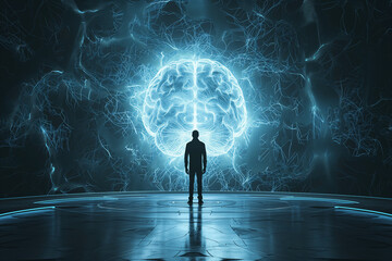 Man stands in front of a huge brain, connect to artificial intelligience, explosion of ideas, brainstorming for solutions, discovery, innovation and creativity - obrazy, fototapety, plakaty