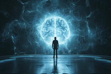 Foto op Canvas Man stands in front of a huge brain, connect to artificial intelligience, explosion of ideas, brainstorming for solutions, discovery, innovation and creativity © Berit Kessler