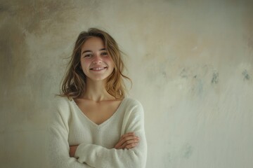 Fototapeta premium Young woman in white tee, joyfully confident portrait of young happy woman looks in camera, Ai generated.