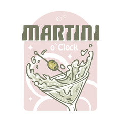 Martini cocktail vector with olive and splashes for alcohol for cocktail bar or drink party. Logo design with glass of martini for tee print of bartender or barman