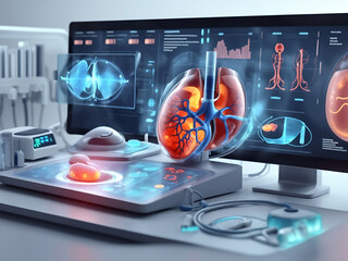futuristic medical research or kidney health care with diagnosis and vitals infographic biometrics for clinical and hospital kidney dialysis or kidney stone disease ultrasound as wide banner design.