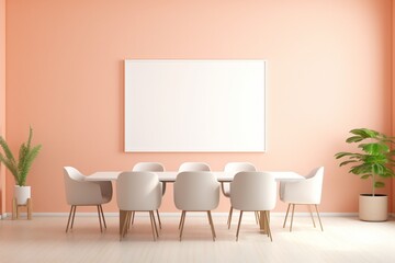 A serene meeting room with desks and chairs, featuring an empty mockup frame on a soothing peach wall. Blank empty mockup frame.
