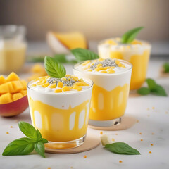 Mango Cheese Milk, a delicious dessert with jelly, nata de coco, basil seed, sweet mango, cream cheese, and milk.
