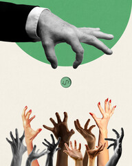 Giant hand throwing one coin into crowd of hands of despair people suffering from financial crisis...