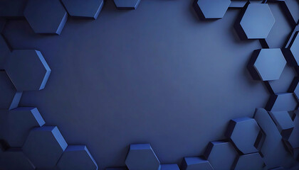 Hexagonal dark blue navy background texture placeholder, radial center space, 3d illustration, 3d rendering backdrop.