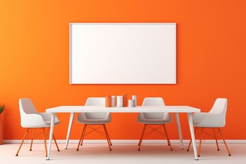A sleek meeting room with a light color scheme, desks, and chairs, complemented by an empty mockup frame on a vibrant orange wall. Blank empty mockup frame.