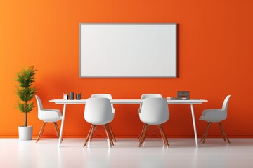 A sleek meeting room with a light color scheme, desks, and chairs, complemented by an empty mockup frame on a vibrant orange wall. Blank empty mockup frame.