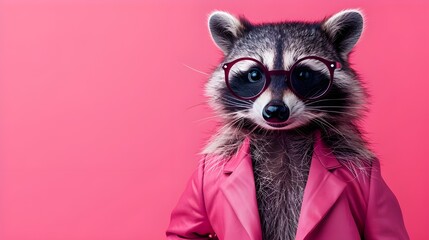 Creative animal concept. Raccoon racoon in glam fashionable couture high end outfits isolated on bright background advertisement, copy space. birthday party invite invitation banner