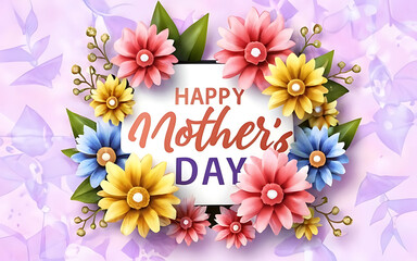 White Modern Colorful Watercolor Flower Happy Mothers Day, 3d render, typography, illustration