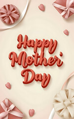 Cream And Red Illustrated Happy Mother Day, 3d render, typography, illustration