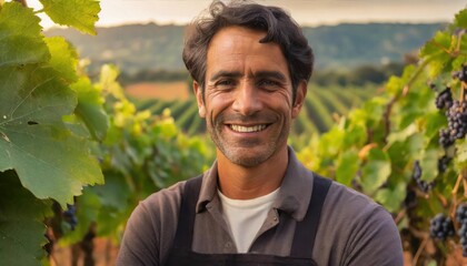mature man with a gentle smile stands among lush grapevines in his vineyard