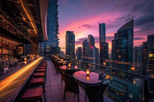 Elegant rooftop bar at dusk, overlooking skyscrapers