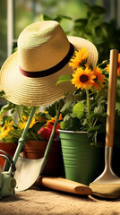 Gardening Hat and Tools with Blooming Sunflowers