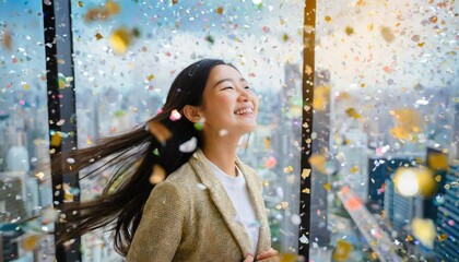  woman with long hair stands by a window, joyfully surrounded by flying confetti 