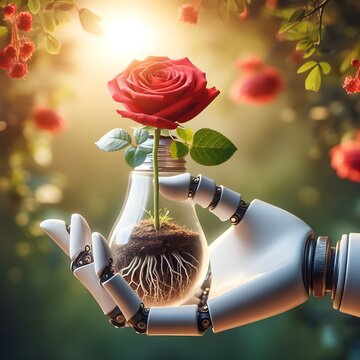 Revolutionary Technology Concept: Robotic Hand Cultivating a Tree in Soil in a Light Bulb, Amidst a Background of Advanced Technology. Embracing Eco-Friendly Energy Conservation and Innovation.