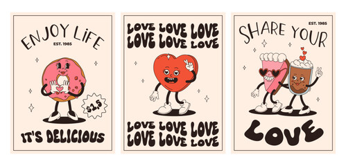 Fototapeta na wymiar Valentine's Day set of vintage posters. Happy and cheerful retro mascots. Old animation 50s 60s 70s, groovy cartoon characters of coffee sweets and hearts, donut, cupcake, espresso, latte, present