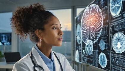 expert female neurologist deeply engrossed in examining brain scans