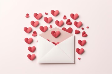 Love letter with red hearts on white background. Valentine's day concept. Red satin bow isolated on white background