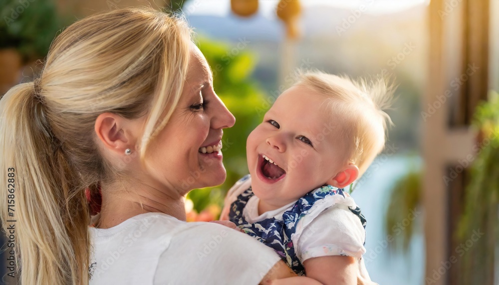 Wall mural over-the-shoulder view of a joyful mother holding her laughing baby