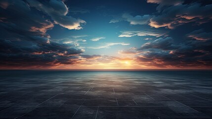 Dark floor background with clouds, lovely sunset and night sky in the distance. - obrazy, fototapety, plakaty