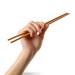 Hand holding a pair of chopsticks isolated on white background, hyperrealism, png
