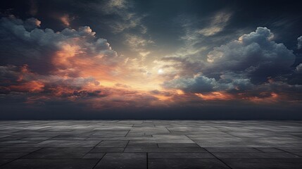 Dark floor background with clouds, lovely sunset and night sky in the distance.
