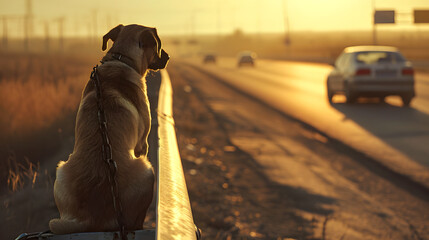 Abandoned and sad dog tied with a chain to the guardrail on the highway watches his owner's car go away. Abandonment of animals for the holidays