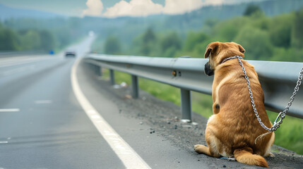 Abandoned and sad dog tied with a chain to the guardrail on the highway watches his owner's car go away. Abandonment of animals for the holidays