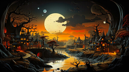 night landscape with a bright moon - obrazy, fototapety, plakaty