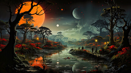 night landscape with a bright moon