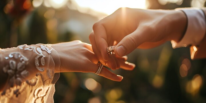 Detailed image of the male's grasp on female's hand adorned with glistening engagement band; lavish matrimonial bands.
