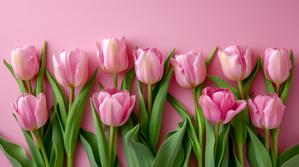 Obraz na płótnie Canvas Beautiful composition spring flowers. Bouquet of pink tulips flowers on pastel pink background. Generative Ai