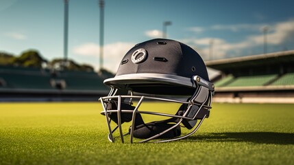 Cricket headgear with safety mesh on Cricket Field.