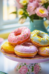 Photo of colorful donuts on a cute plate