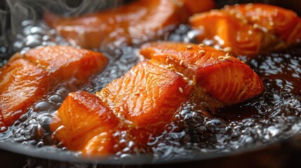 Red fish tuna salmon steak fry boiling cooking in oil wallpaper background - obrazy, fototapety, plakaty