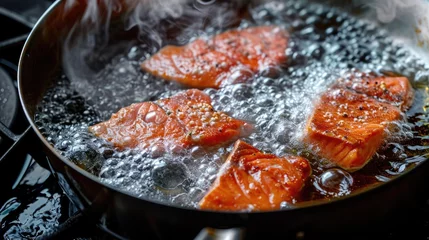 Foto op Plexiglas Red fish tuna salmon steak fry boiling cooking in oil wallpaper background © Irina