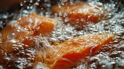 Red fish tuna salmon steak fry boiling cooking in oil wallpaper background - obrazy, fototapety, plakaty
