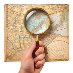 Hand holding a magnifying glass over a map isolated on white background, hyperrealism, png

