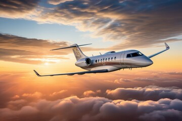 Fototapeta na wymiar In the canvas of the sunset sky, a business jet glides through the clouds, a vision of opulence and success.