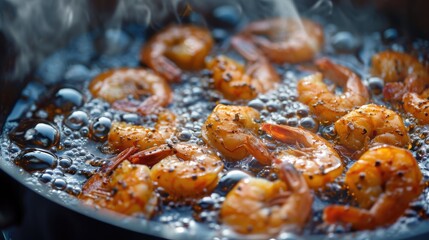 Fried cooking in boiling oil seafood shrimp wallpaper background
