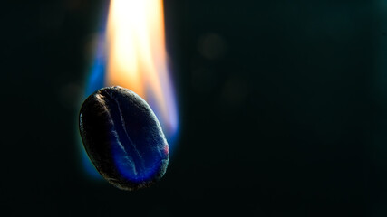 Macro photography from coffee bean in fire on black background with copy space