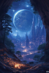 illustration of a space city in the mountains, in blue colors