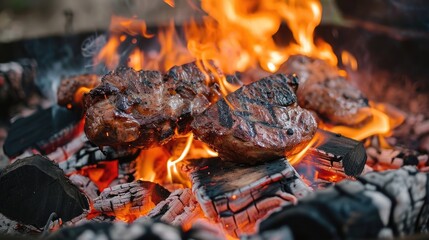 Meat steak piece bbq cooking fry on campfire wallpaper background