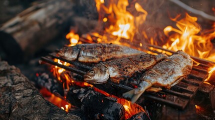 Kebab fish bbq kebab cooking fry on campfire wallpaper background