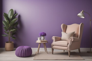  Beige wing chair with purple pillow and knitted pouf against violet venetian stucco wall
