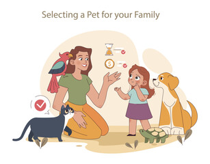 Family Choices concept. A mother guides her child in selecting a pet, fostering a connection between animals and family.